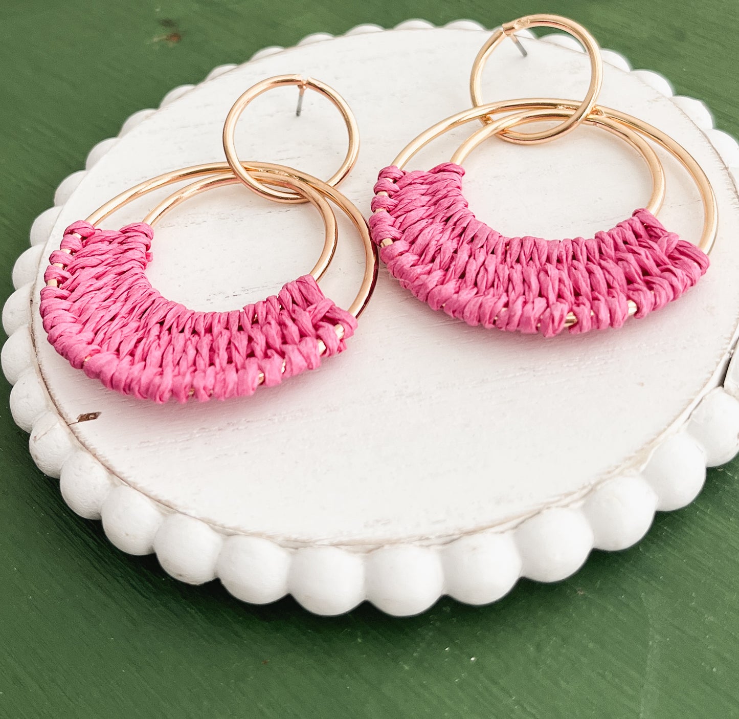 Beautiful Pink Raffia Hoop Earrings