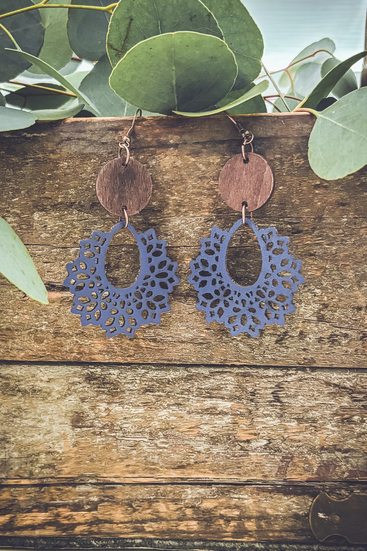 Beautiful Blue Wood and Leather  Earrings