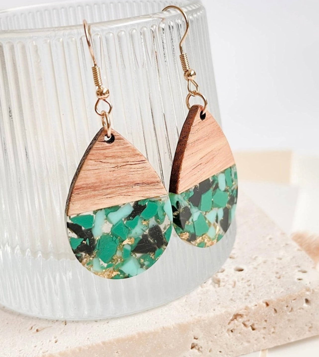 Beautiful Wood and Resin Mint and Black Earrings