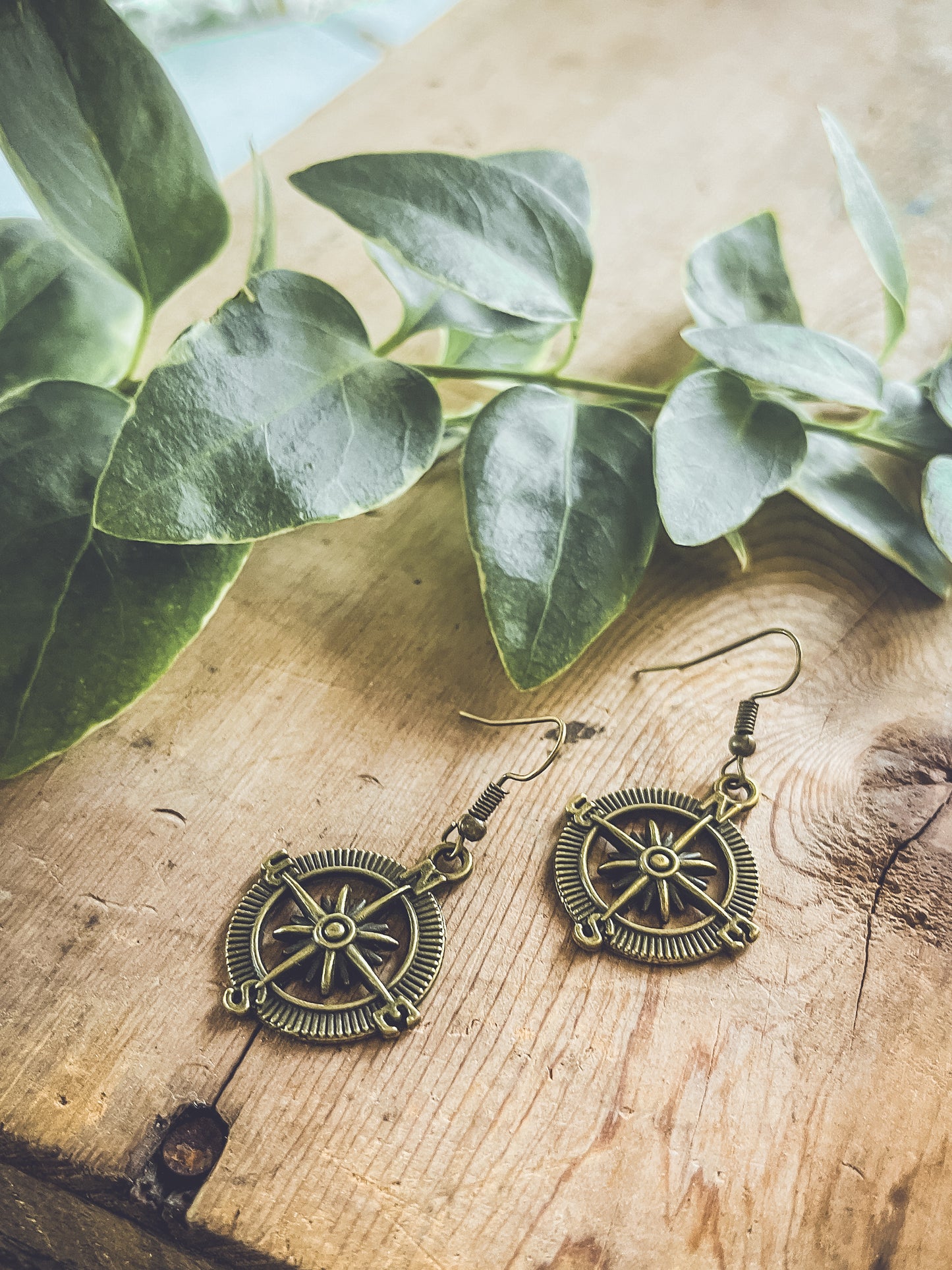 Beautiful Antique Finish Compass Earrings in Gold or Silver