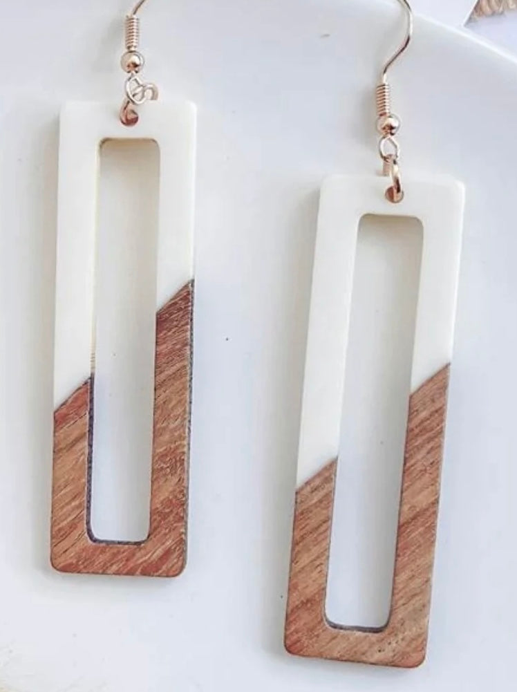 Rectangular White Resin and Wood Earrings