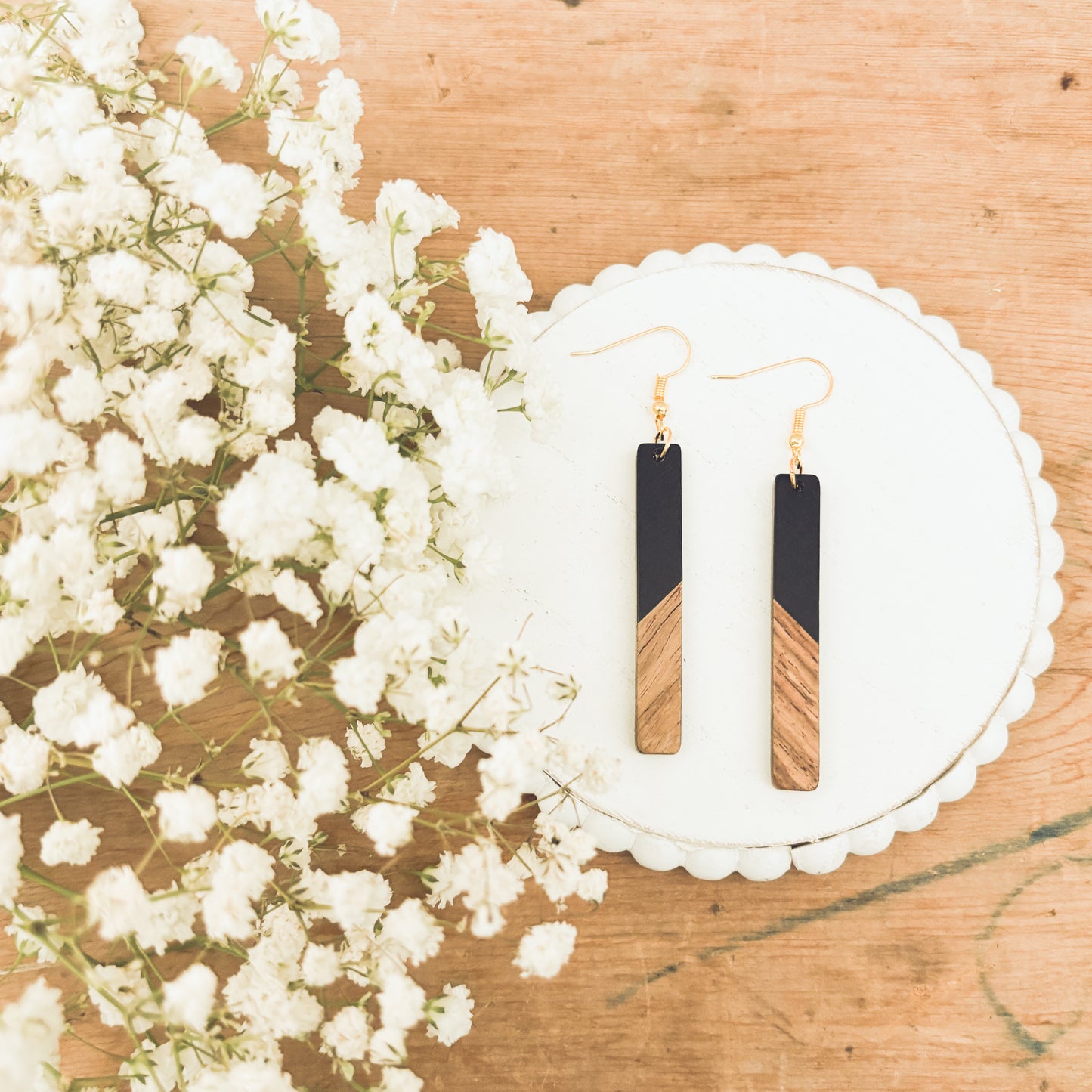 Beautiful Black Resin and Wood Earrings