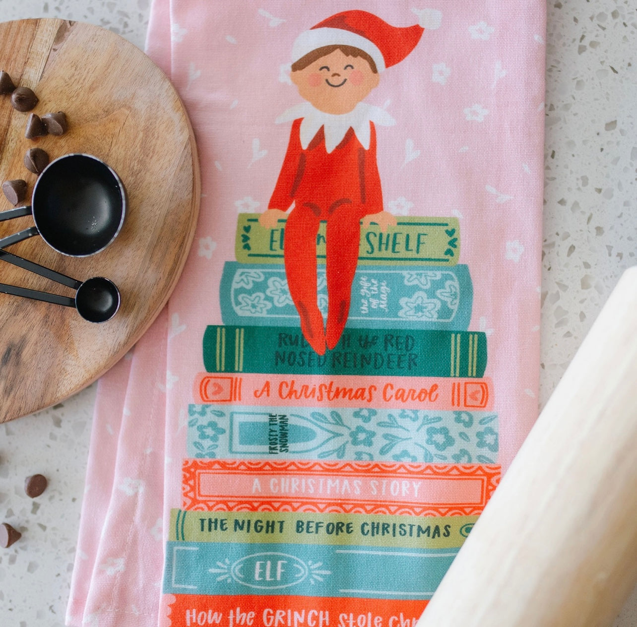 Holiday Elf Book Stack Tea Towel