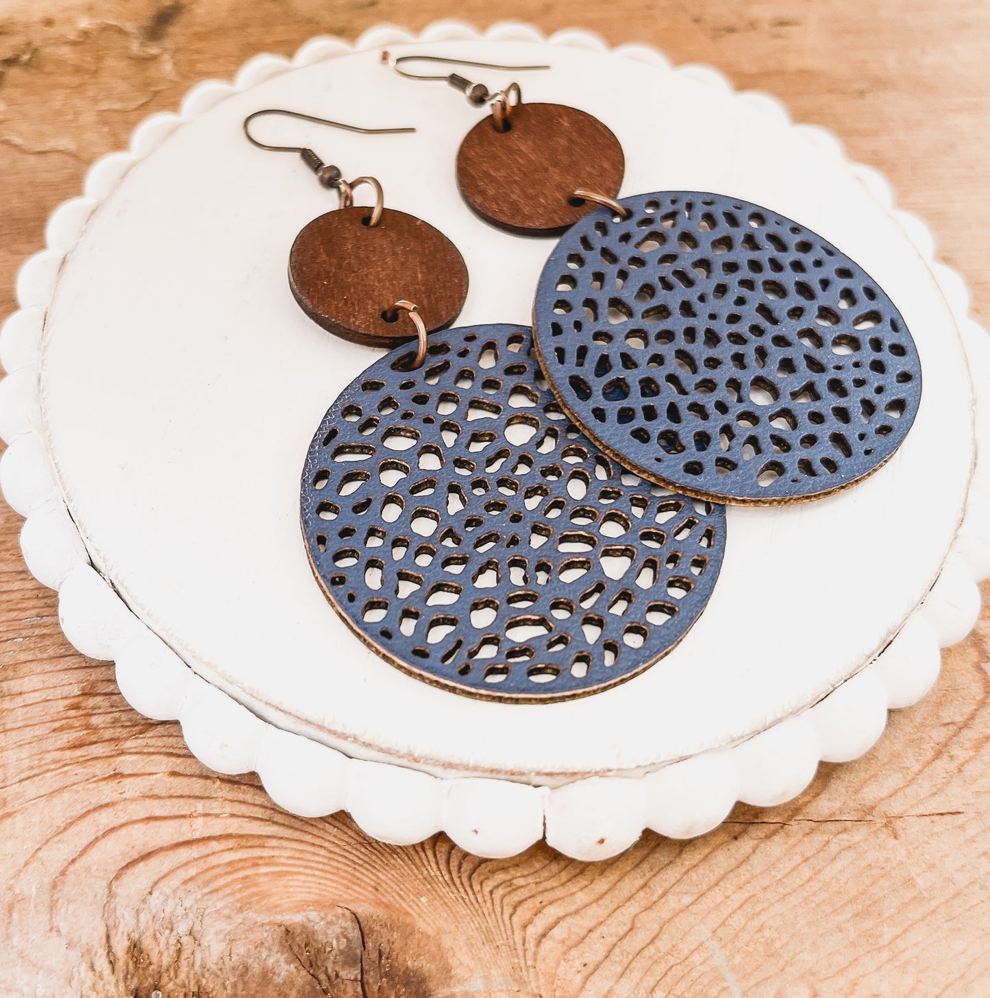 Beautiful Navy Blue Leather and Wood Earrings