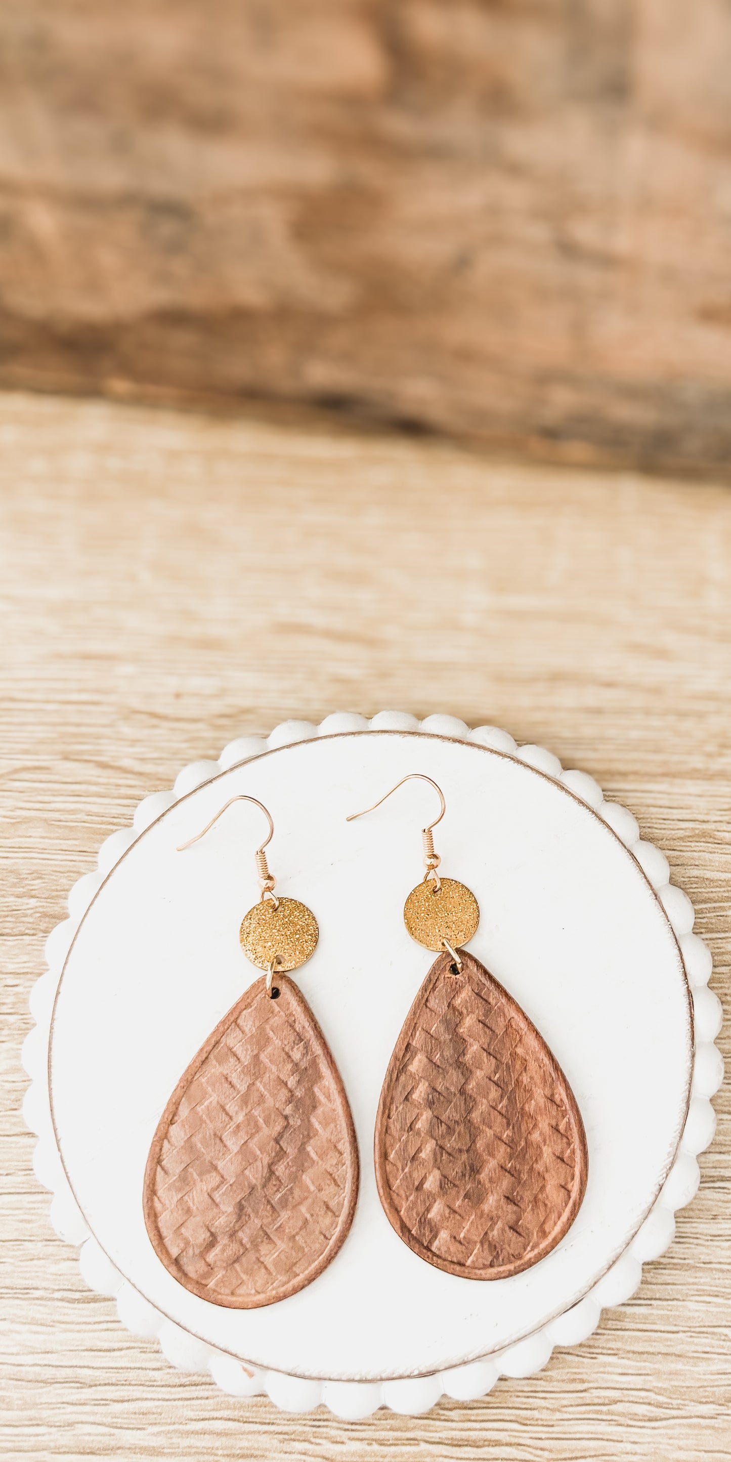 Beautiful Patterned Brown Wood and Gold Drop Earrings