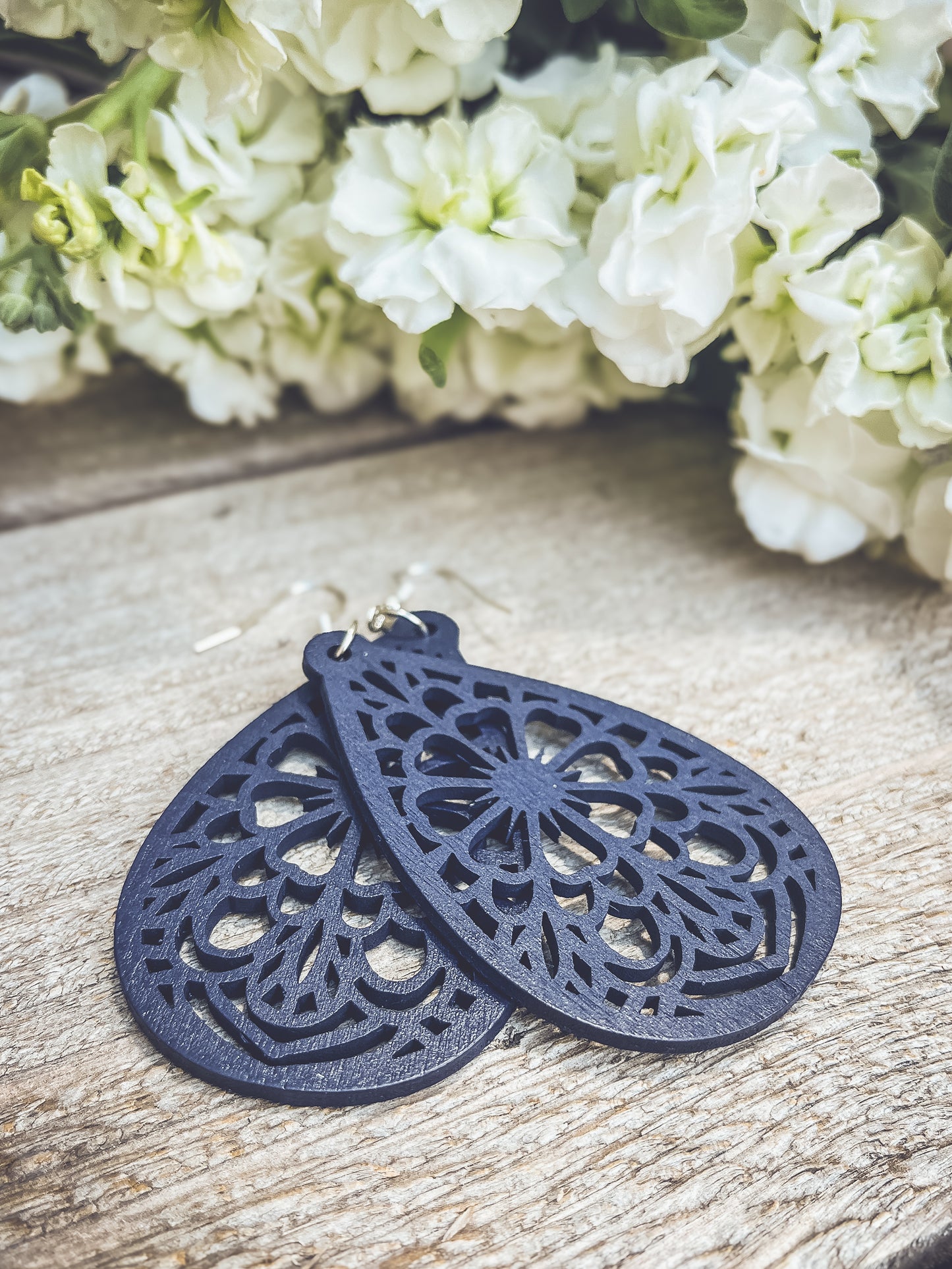 Beautiful Blue Laser Cut Wood Floral Earrings