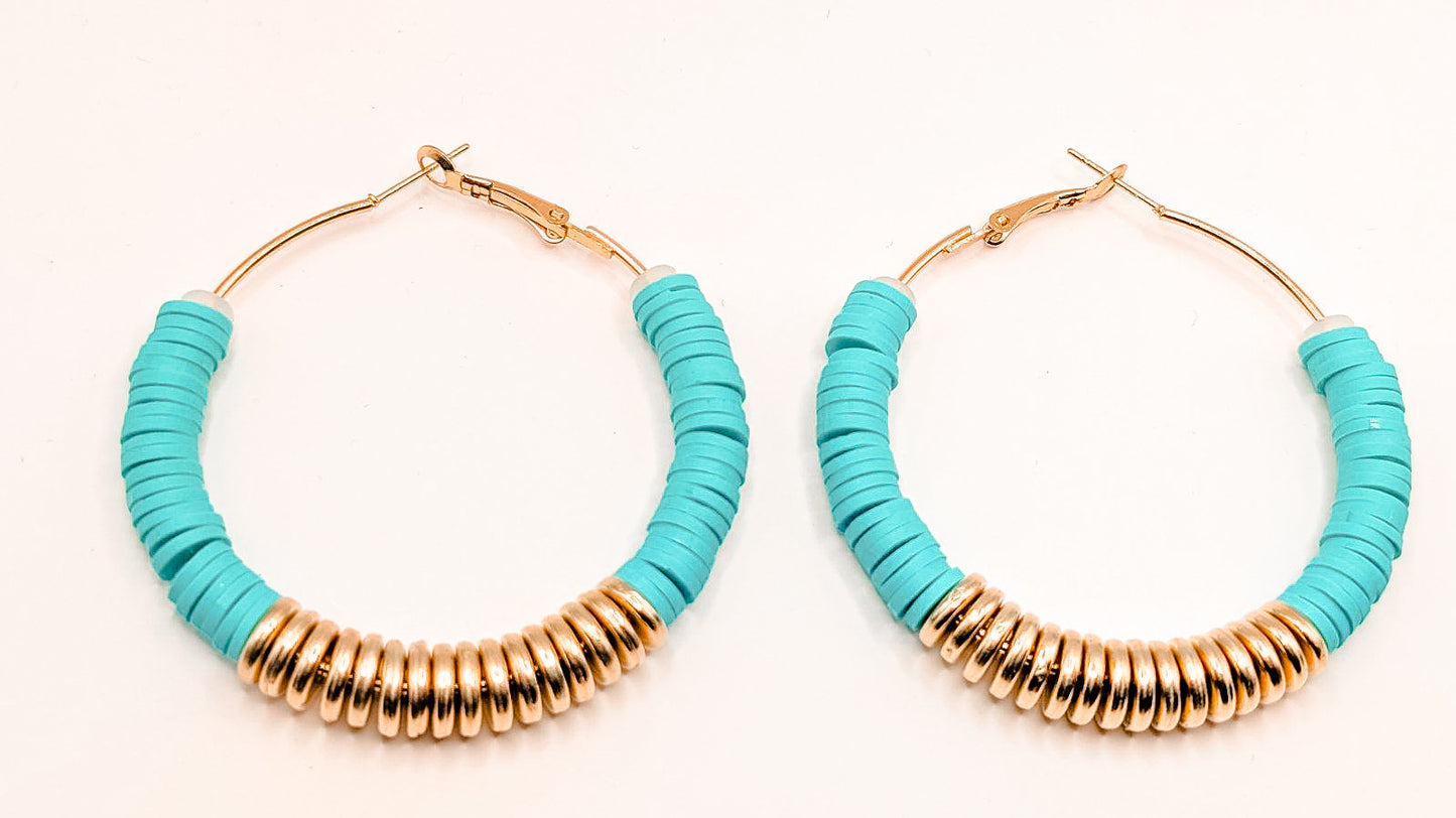 Beautiful Teal and Gold Clay Hoops