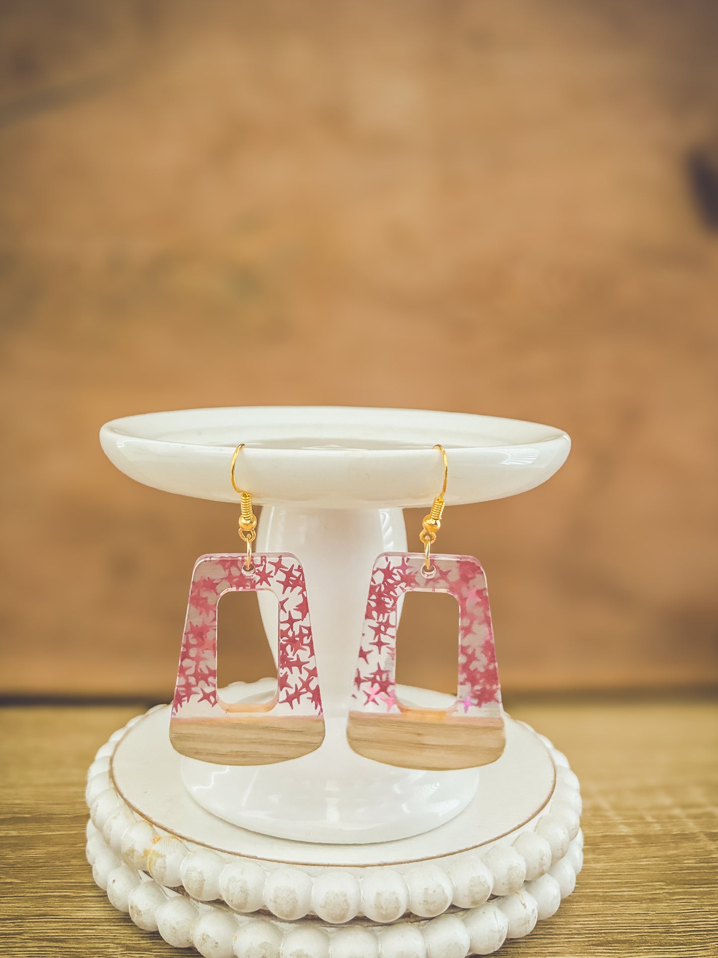 Beautiful Wood and Pink Fleck Resin Earrings