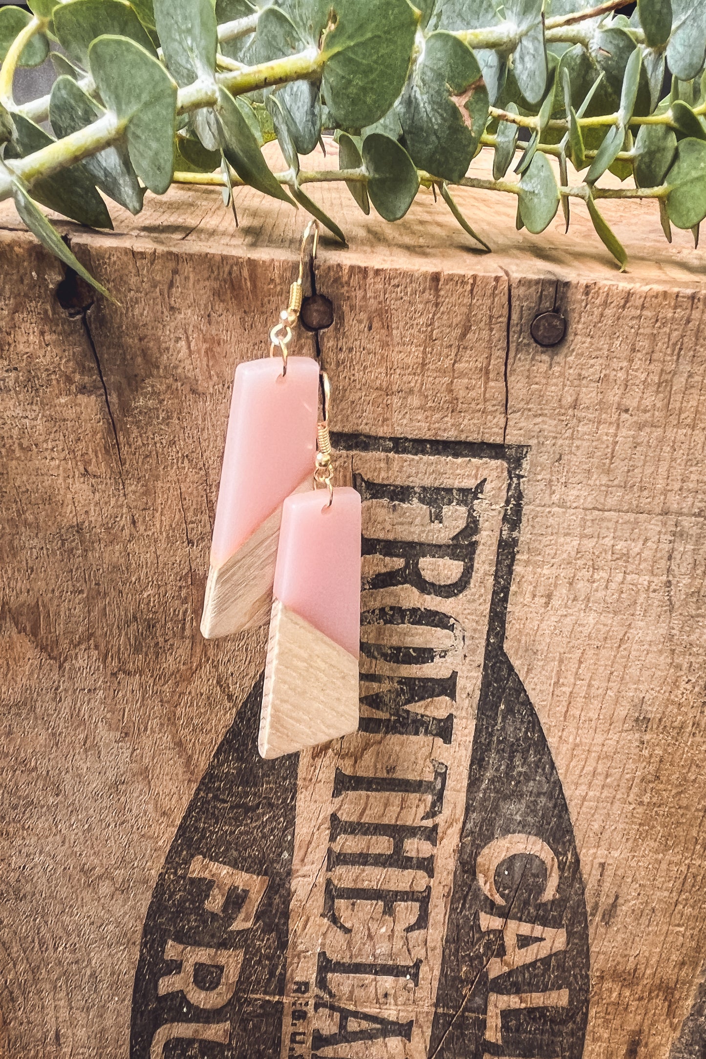 Beautiful Pink Resin and Wood Earrings