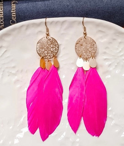 Beautiful Gold and Pink Feather Earrings