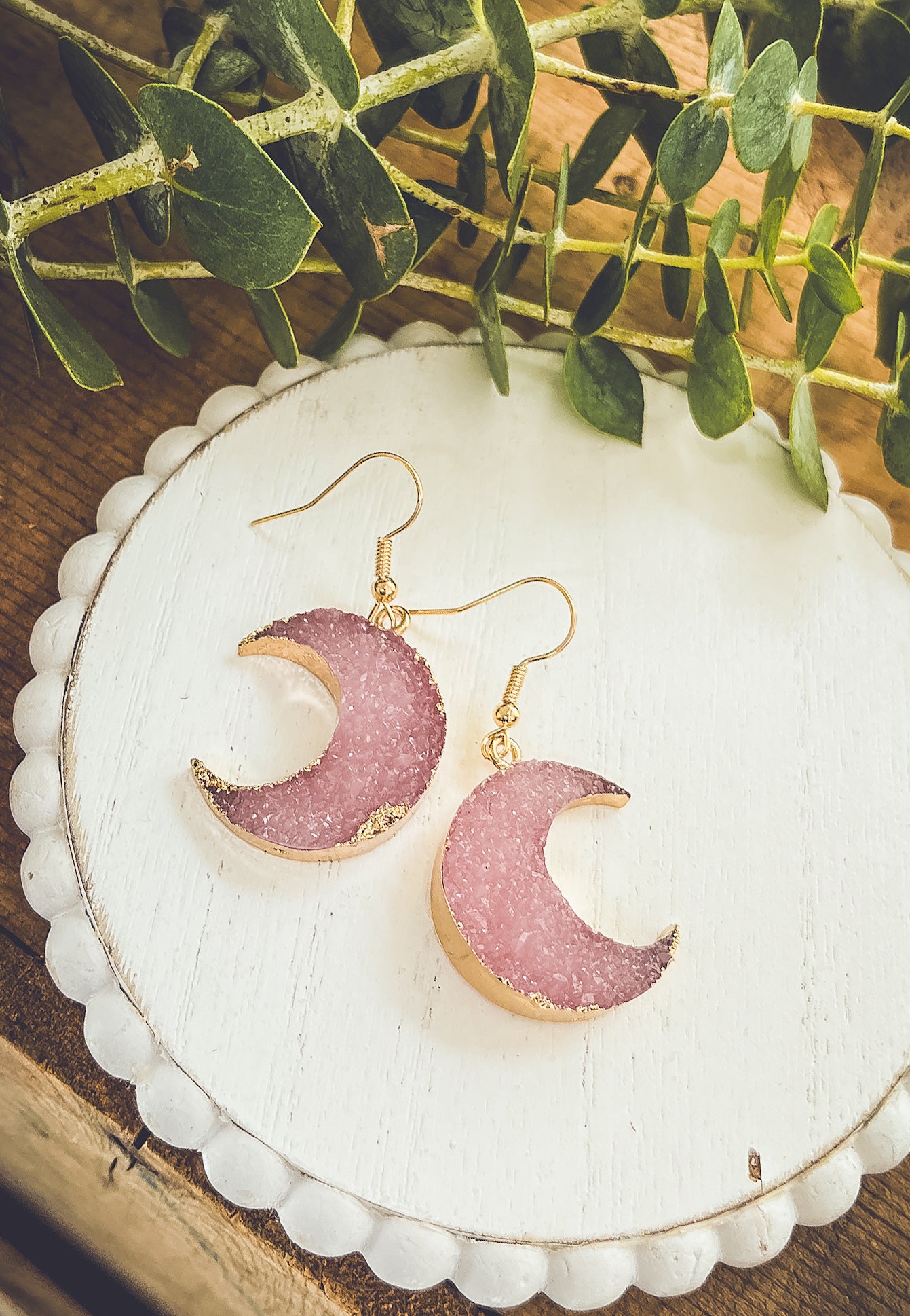 Purple Druzy Moon Earrings