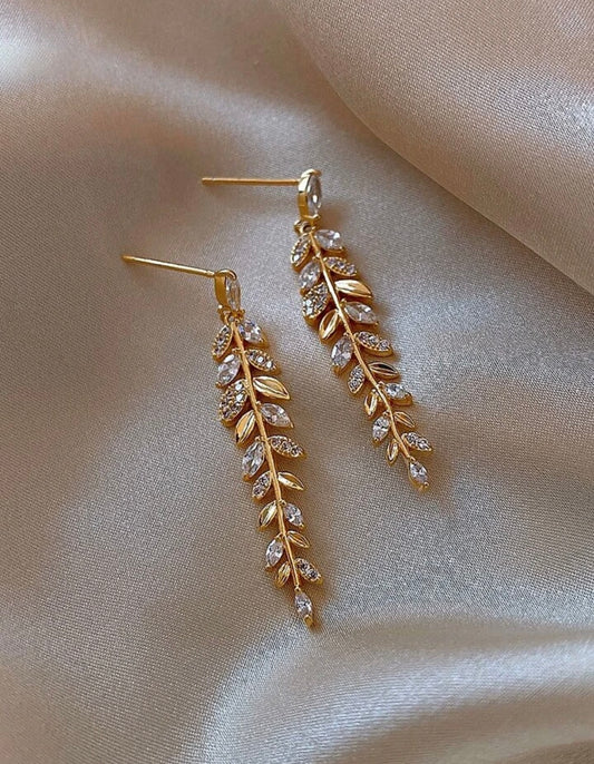 Beautiful Crystal and Gold Drop Leaf Earrings