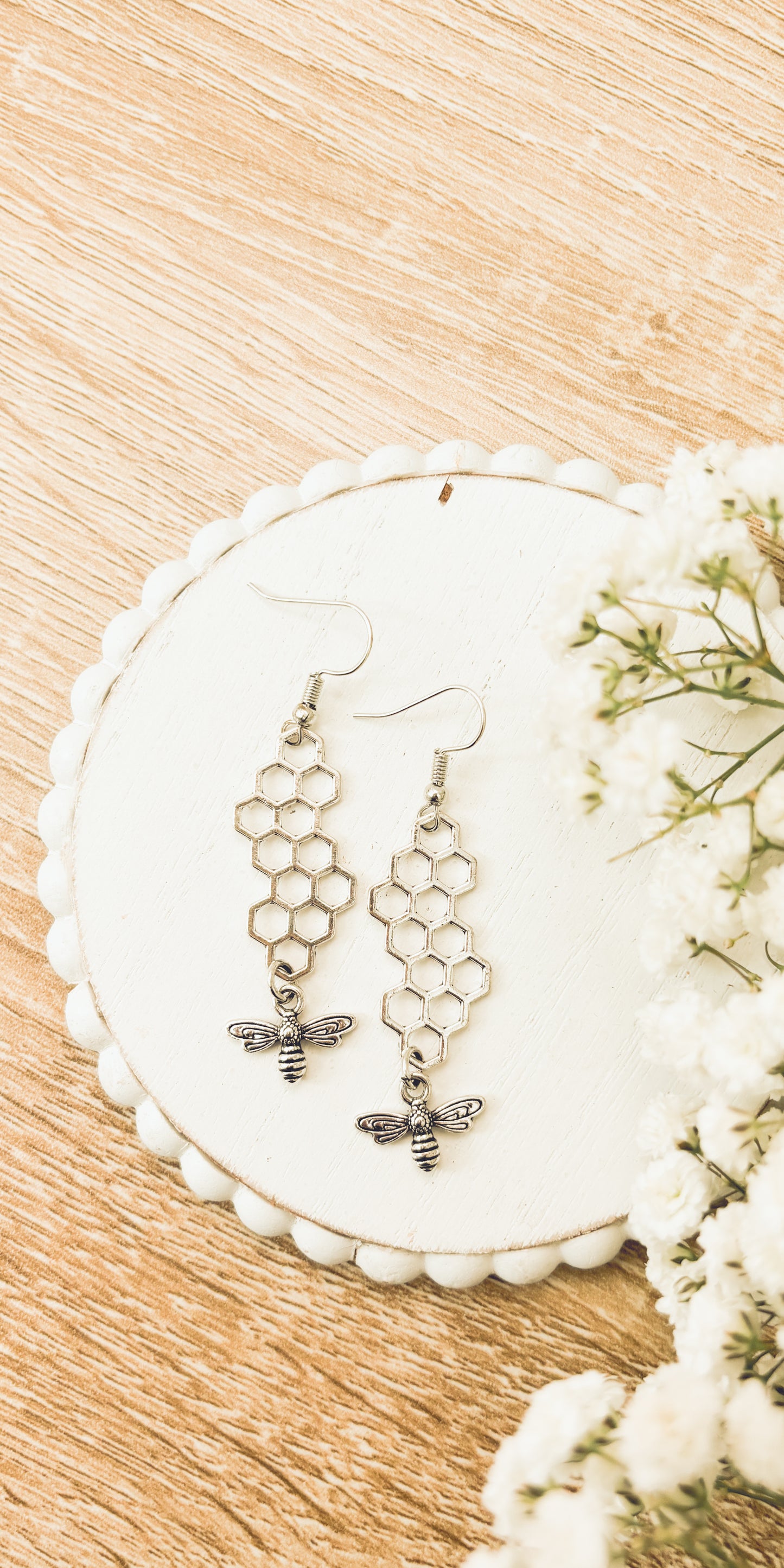 Gold or Silver Honeybee Honeycomb Earrings