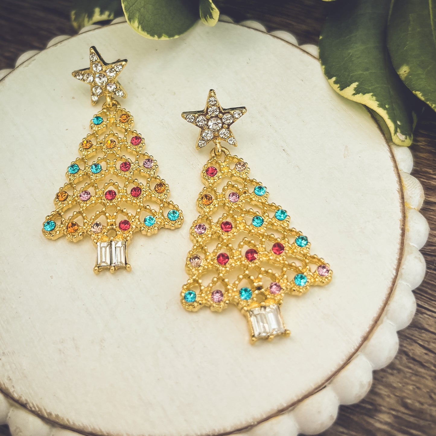 Beautiful Gold and Crystal Christmas Tree Earrings