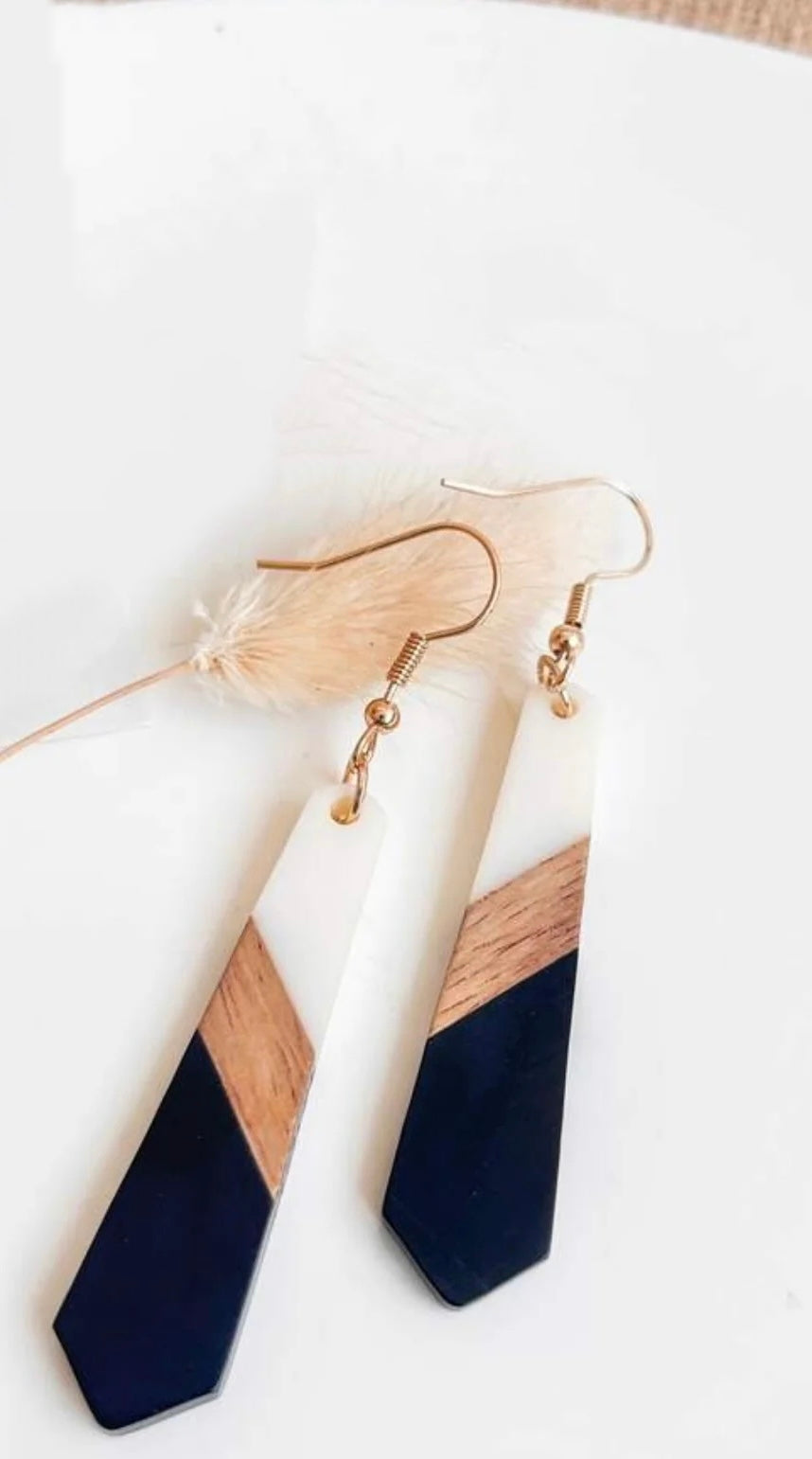 Beautiful Slim Black and White Resin Wood Earrings