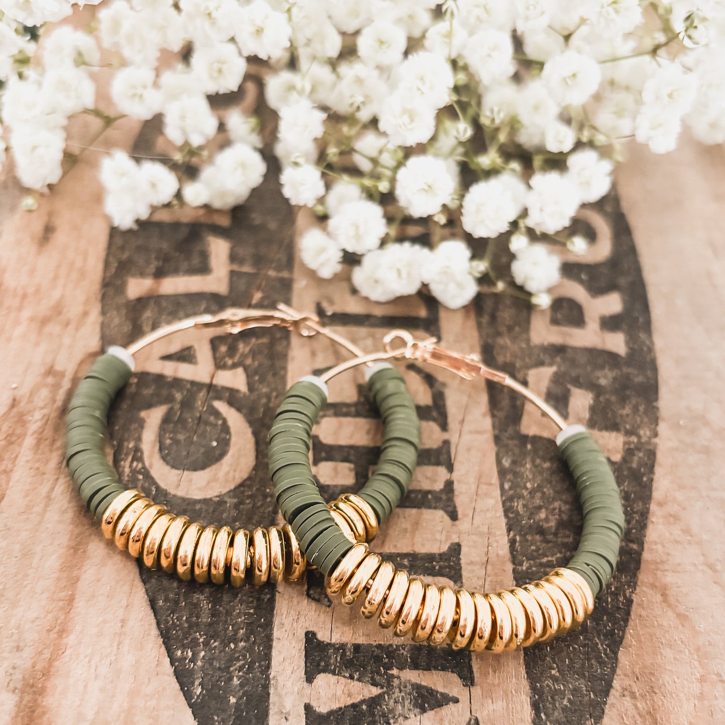 Beautiful Green and Gold Clay Hoops