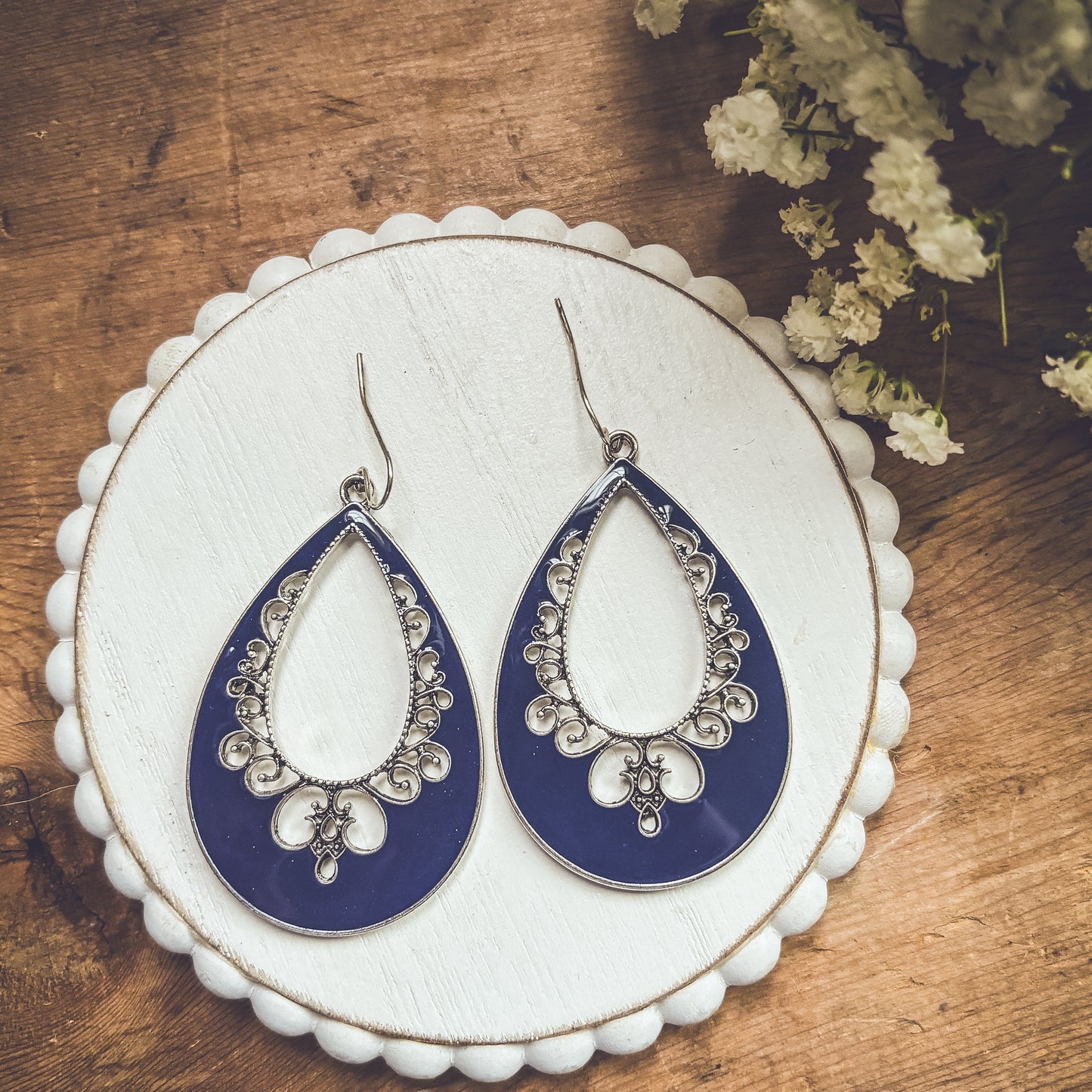 Beautiful Dark Blue and Silver Drop Earrings