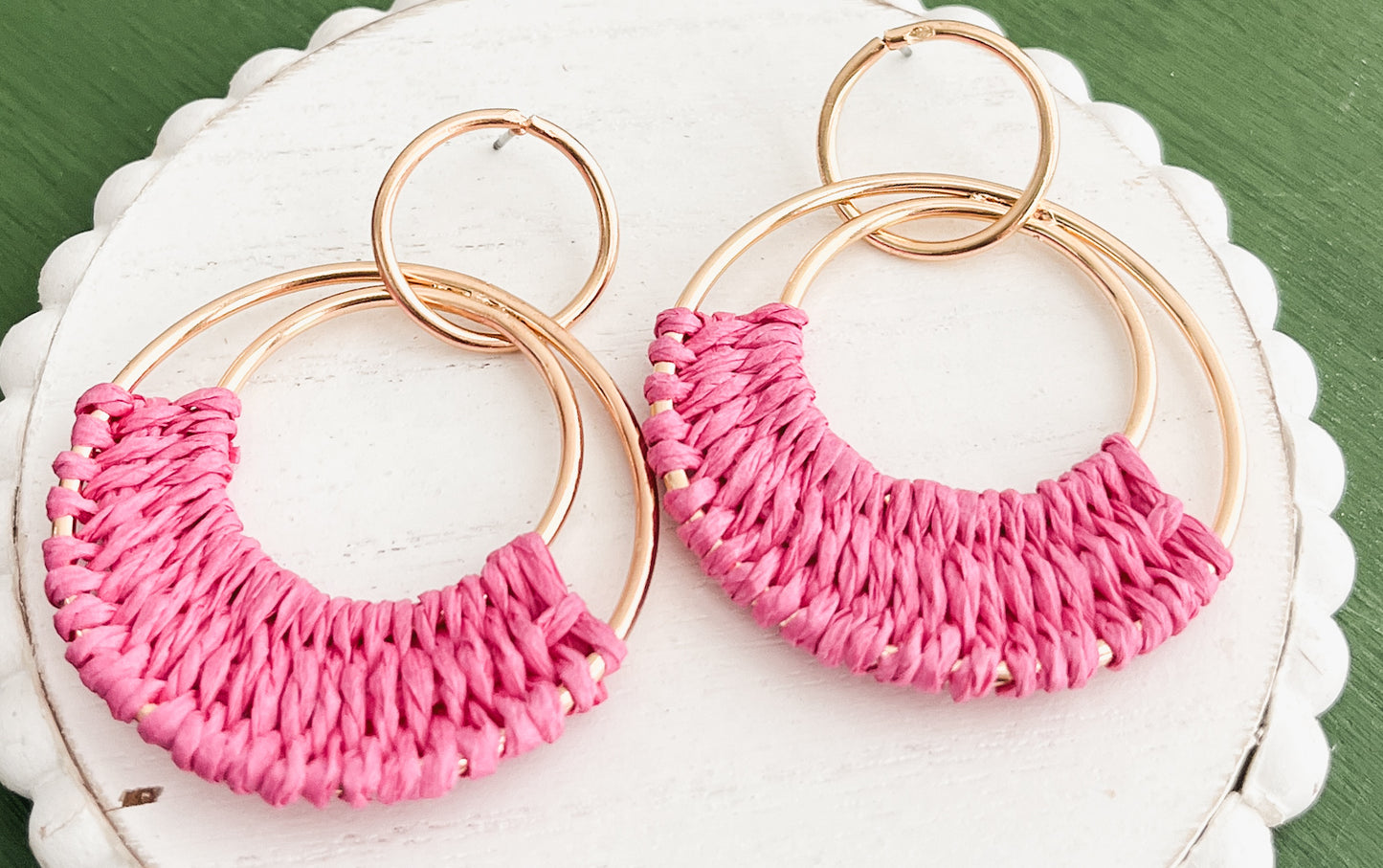 Beautiful Pink Raffia Hoop Earrings