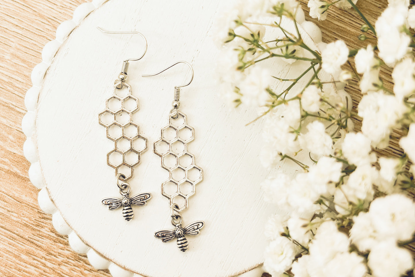 Gold or Silver Honeybee Honeycomb Earrings