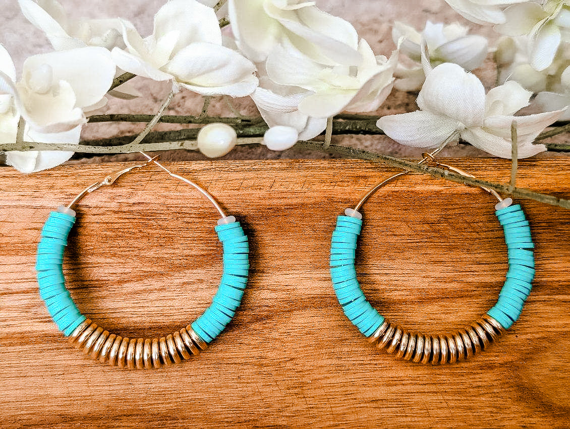 Beautiful Teal and Gold Clay Hoops