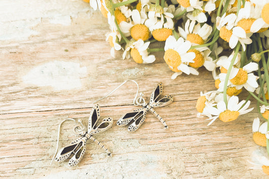 Beautiful Silver Dragonfly Pendant Earrings