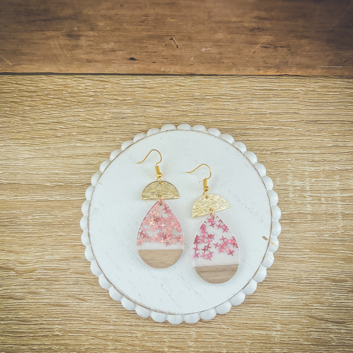 Beautiful Wood and Pink Fleck Resin Earrings