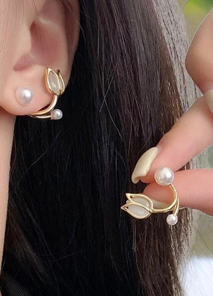 Beautiful Pearl and Tulip Flower Jacket Earrings