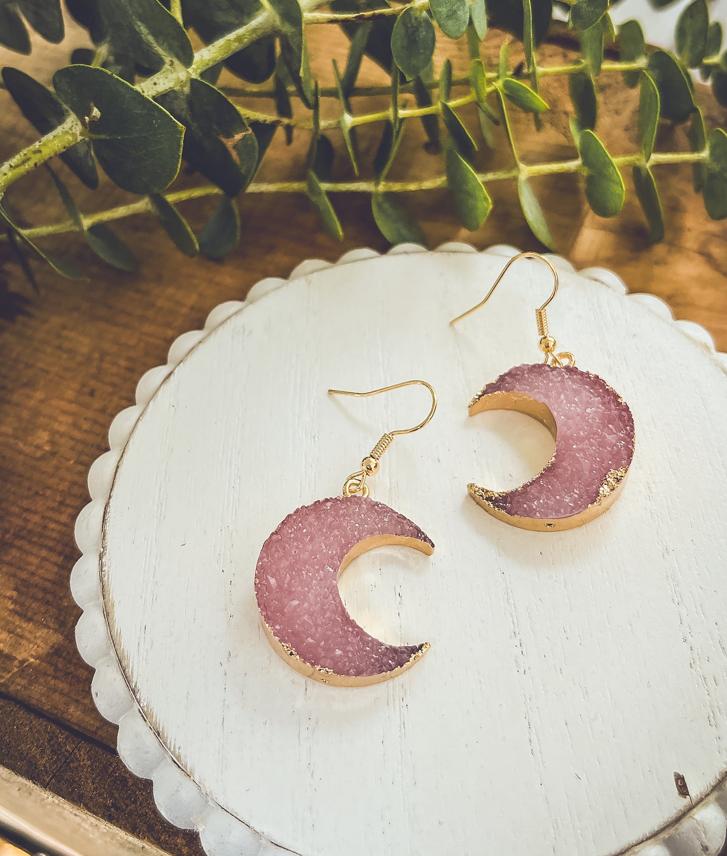 Purple Druzy Moon Earrings