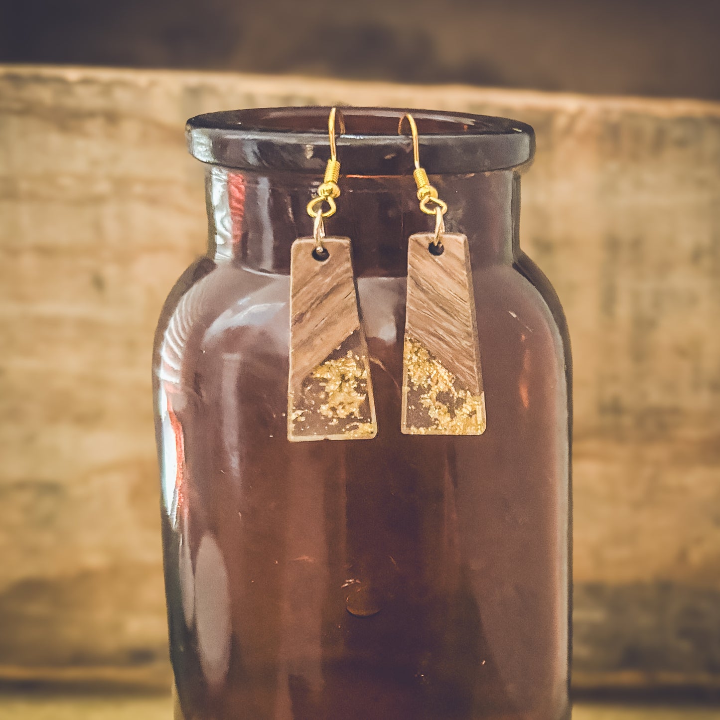 Beautiful Wood and Gold Fleck Resin Earrings