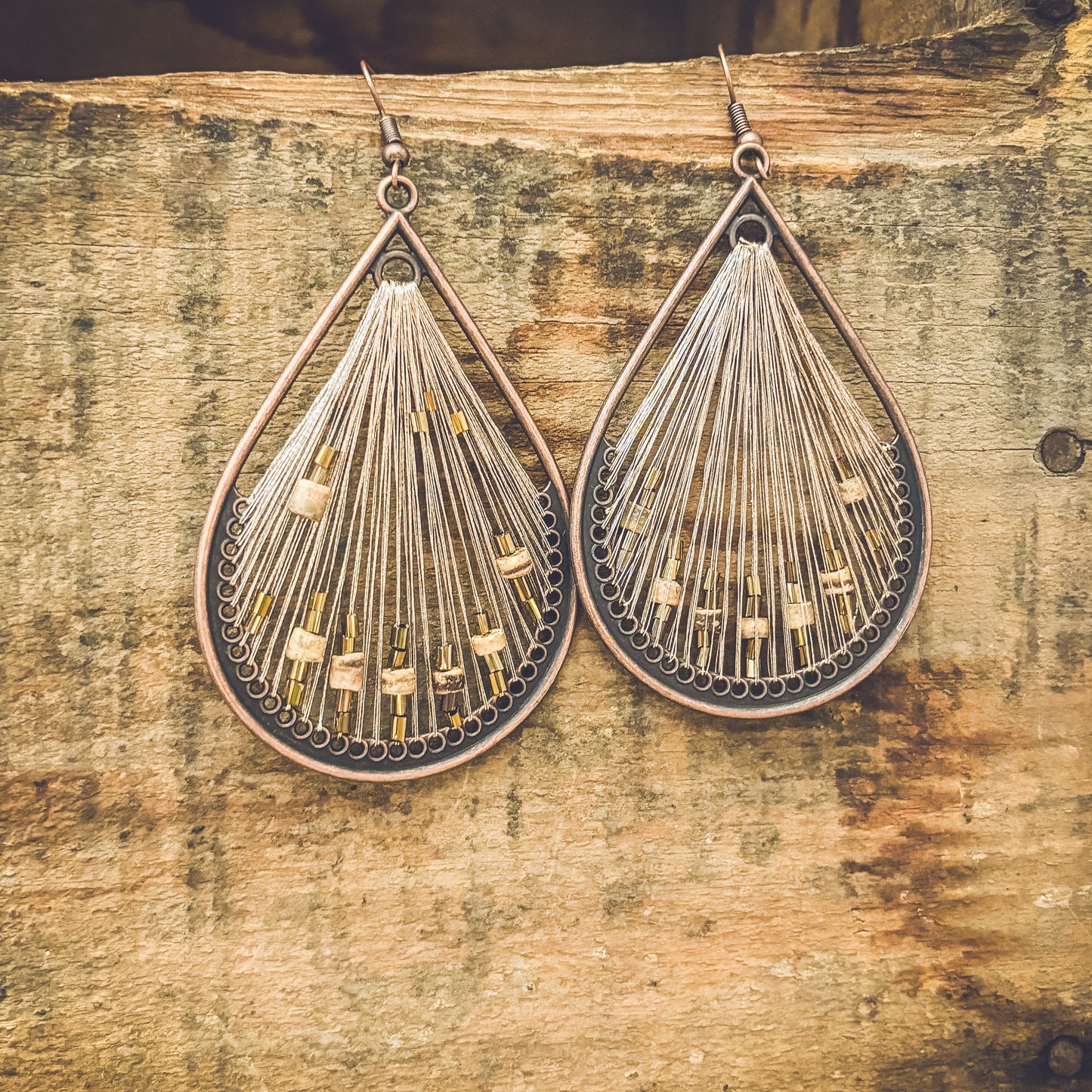 Large String and Wood Drop Earrings