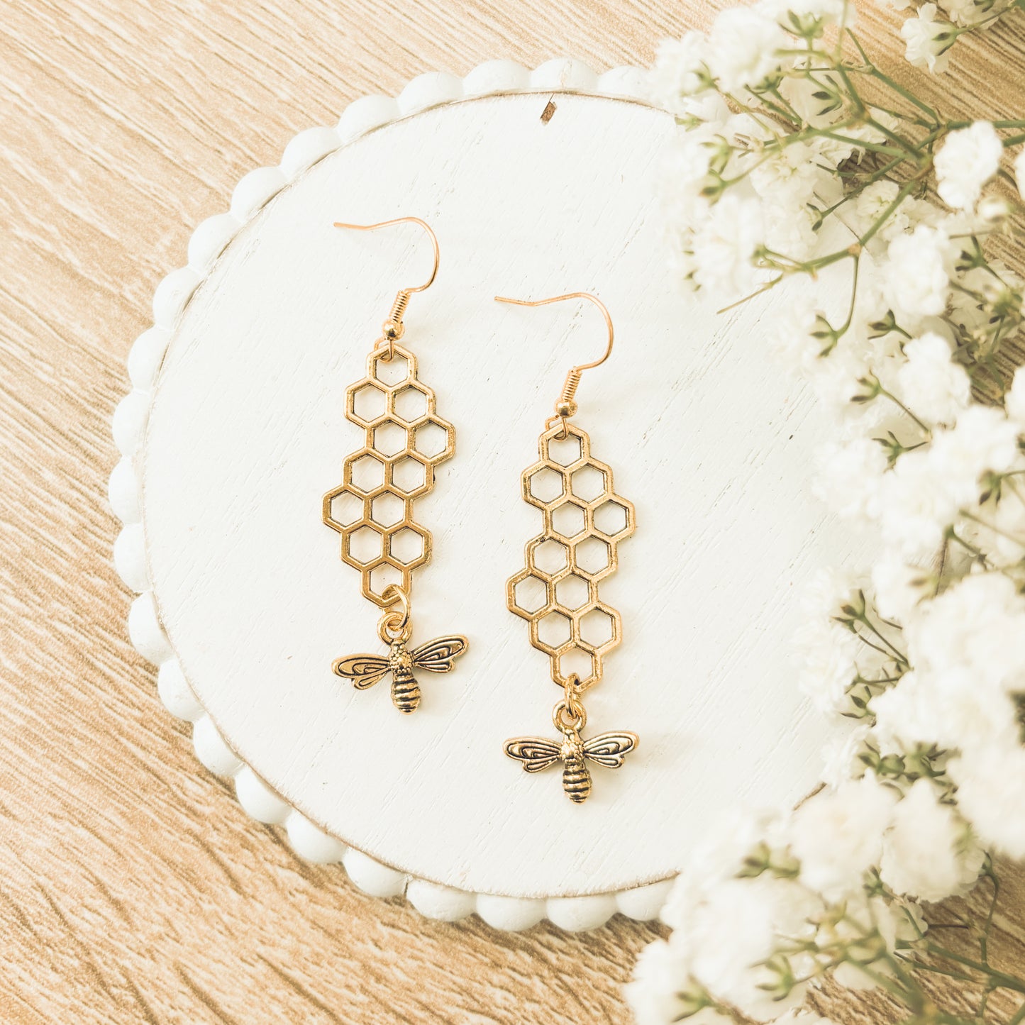 Gold or Silver Honeybee Honeycomb Earrings