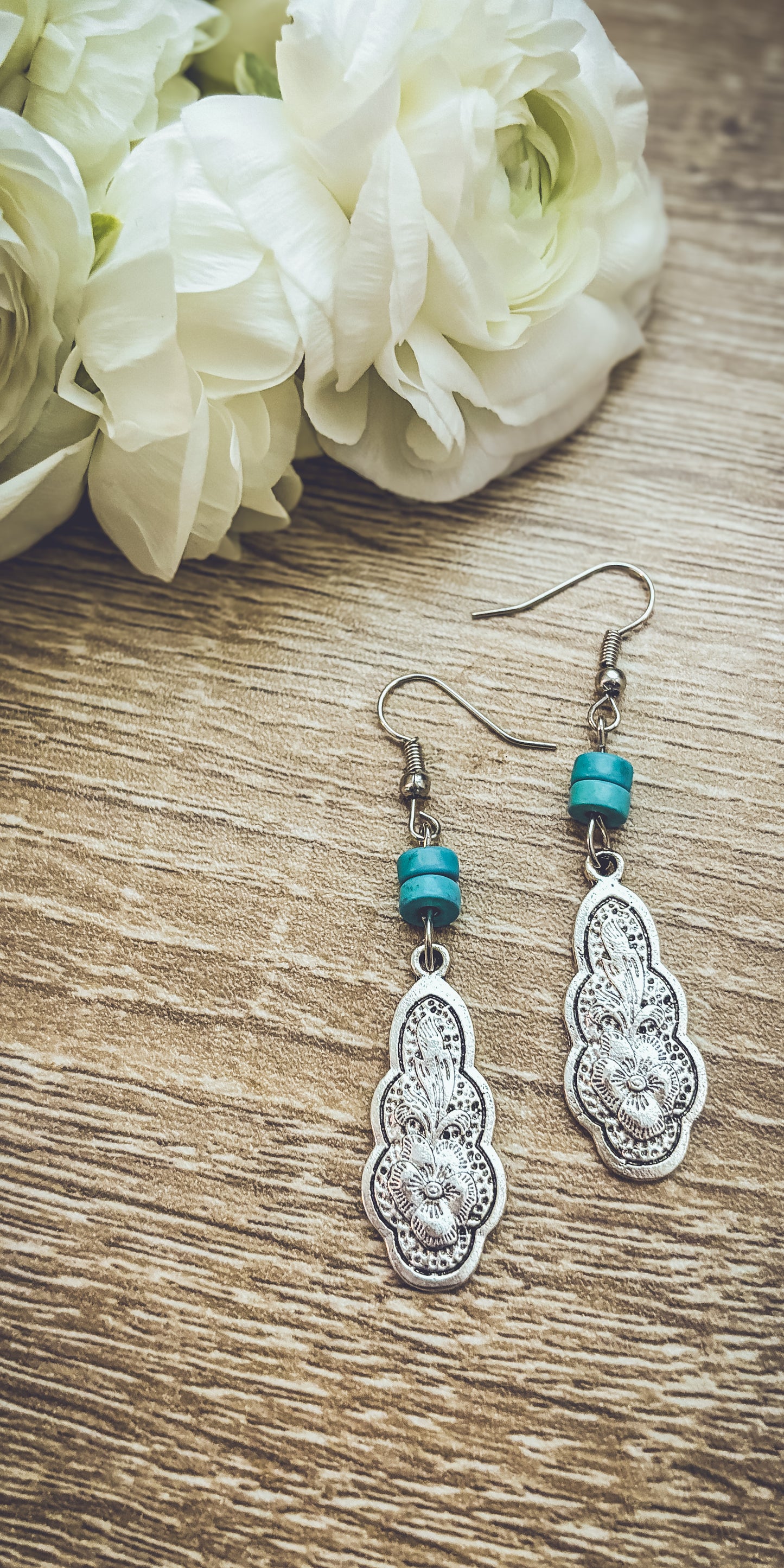 Bohemian Carved Silver and Turquoise Flower Earrings