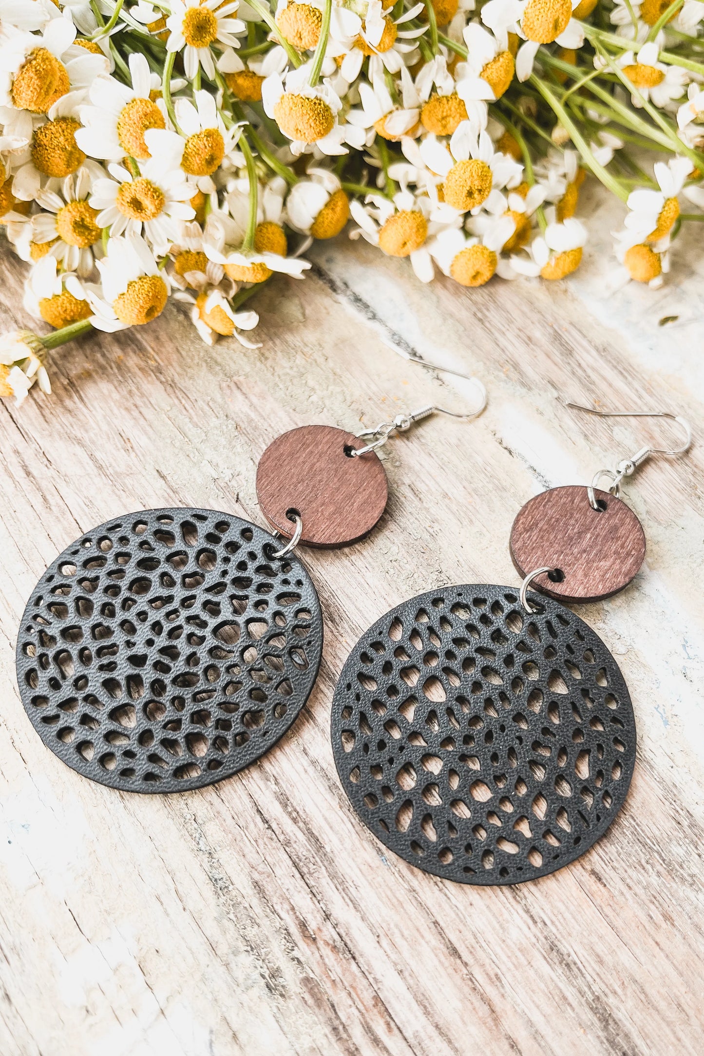 Beautiful Black Leather and Wood Earrings