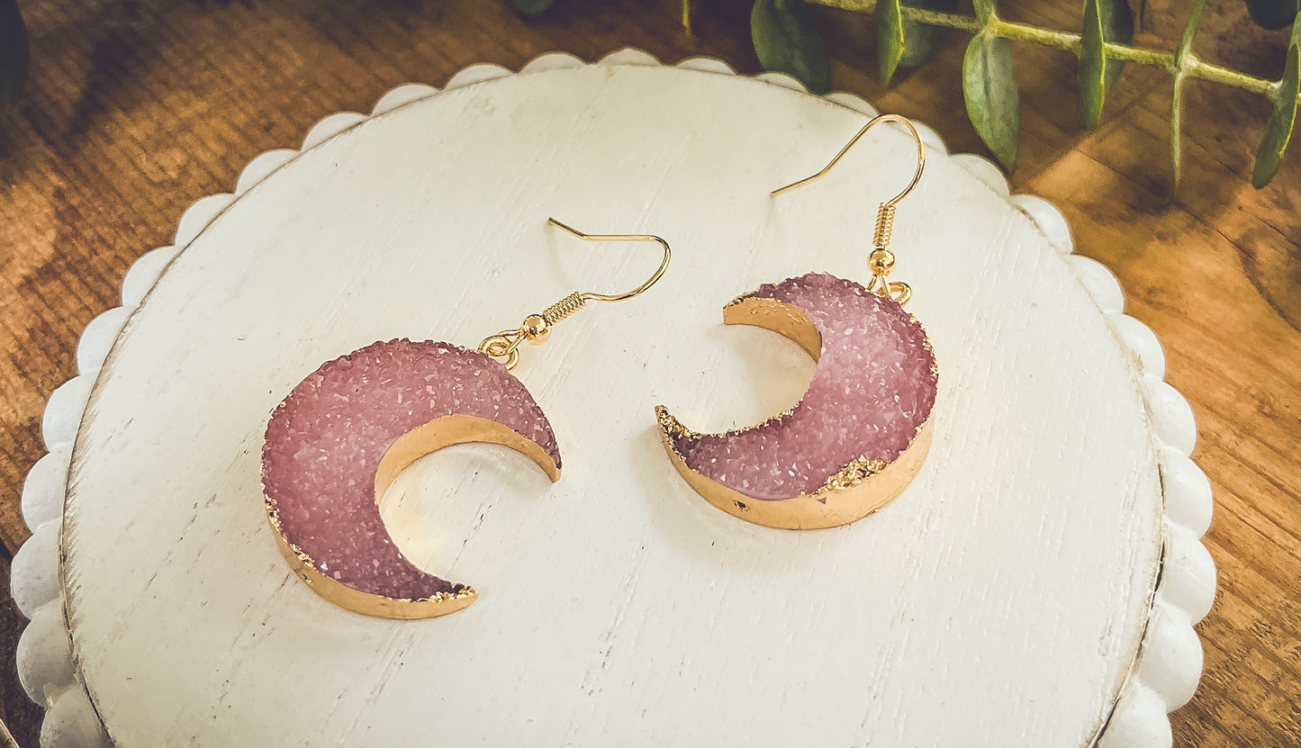 Purple Druzy Moon Earrings