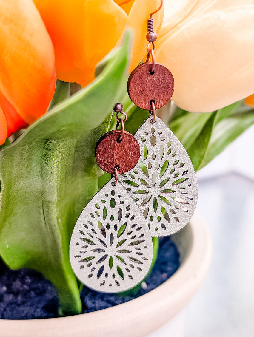 Beautiful Cream Leather and Wood Earrings