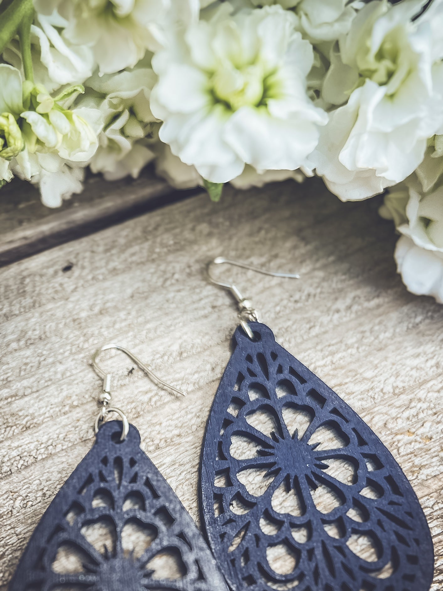 Beautiful Blue Laser Cut Wood Floral Earrings