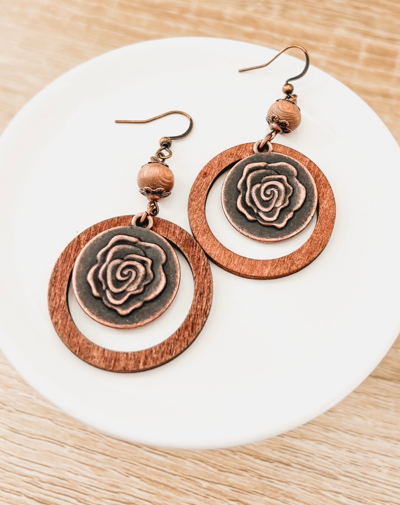 Beautiful Rustic Wood Rose Earrings