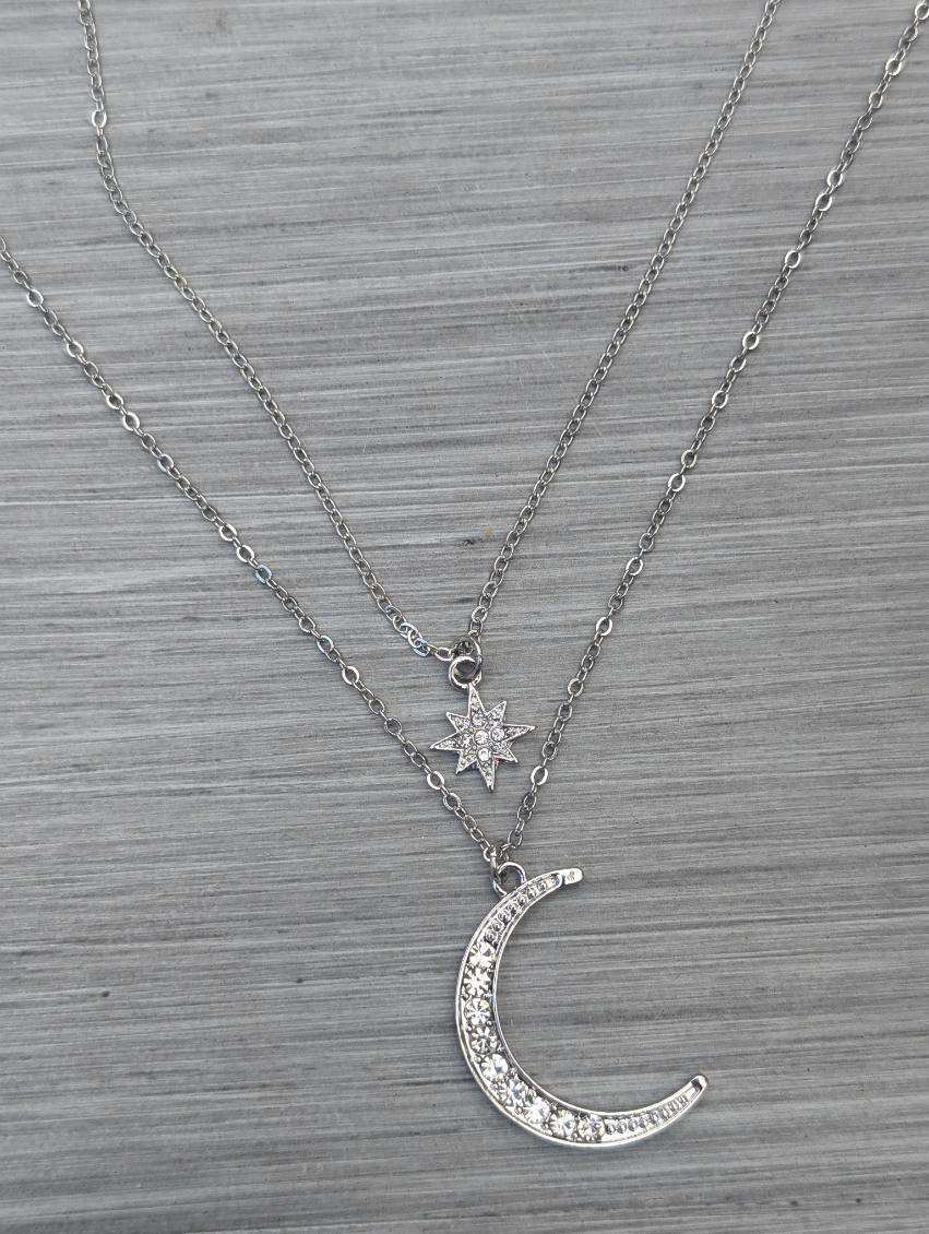 Beautiful Gold or Silver Celestial Moon and Star Necklace