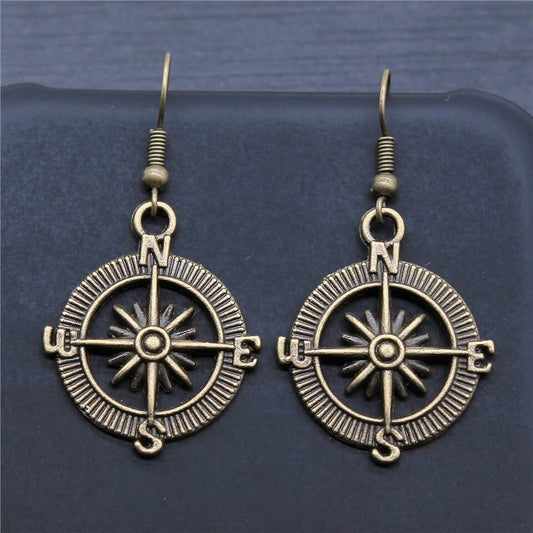 Beautiful Antique Finish Compass Earrings in Gold or Silver