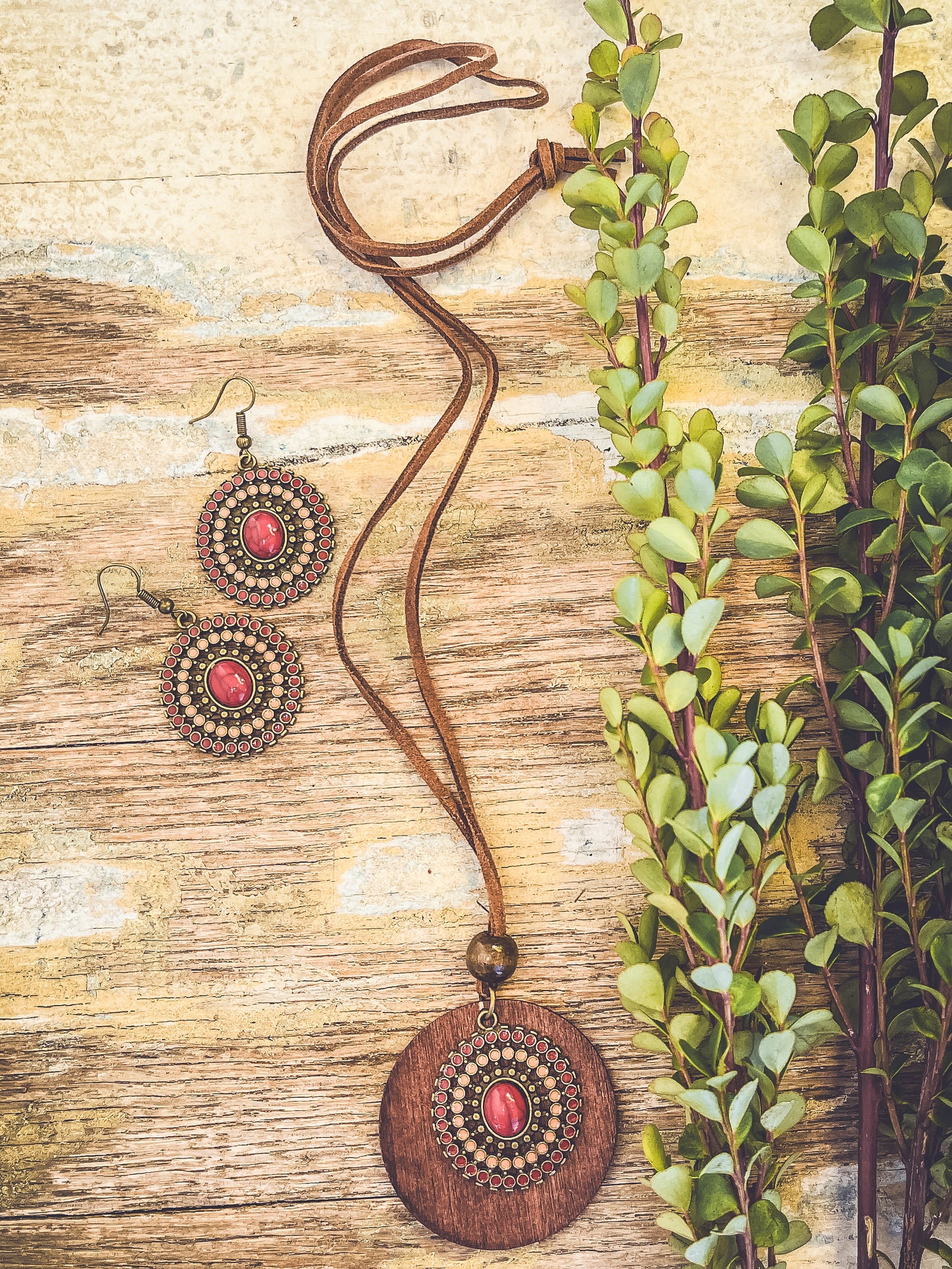 Beautiful Boho Red and Brown Necklace and Earring Set