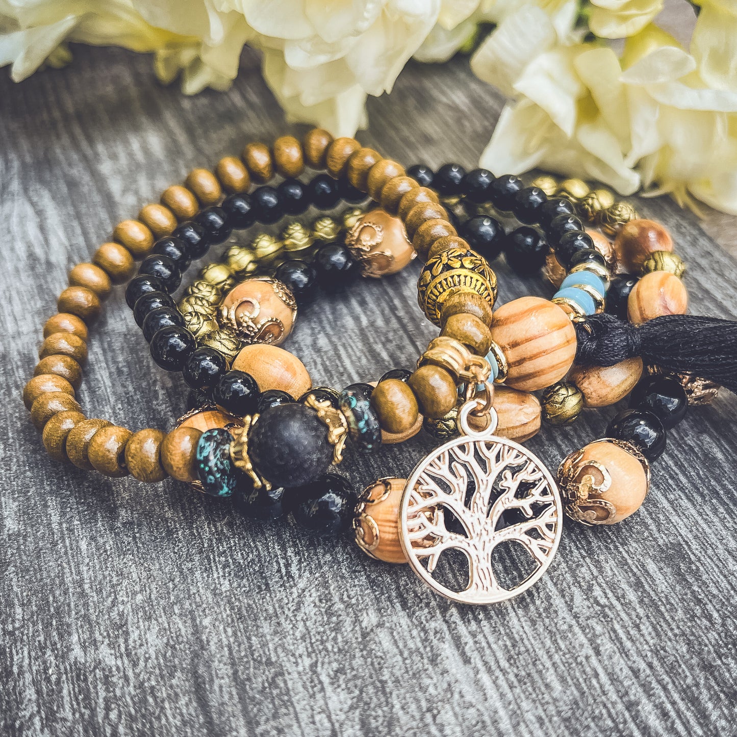 Beautiful Black and Wood Tree of Life Bracelet Set