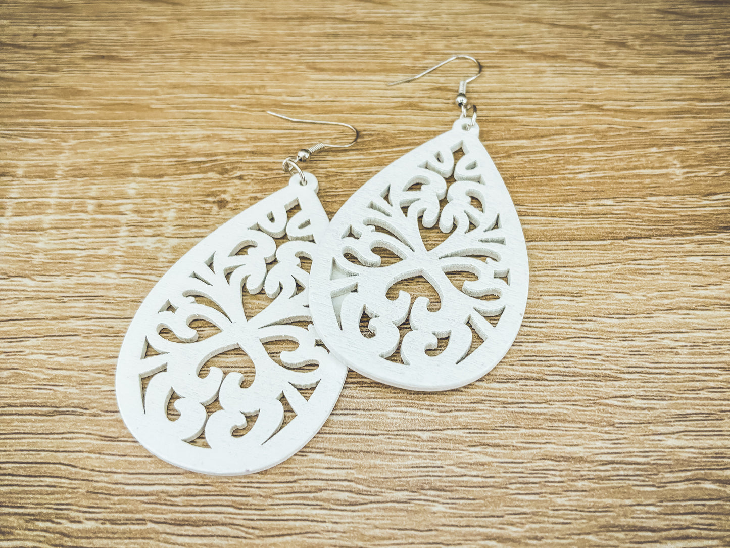 Beautiful White Wood Laser Cut Drop Earrings