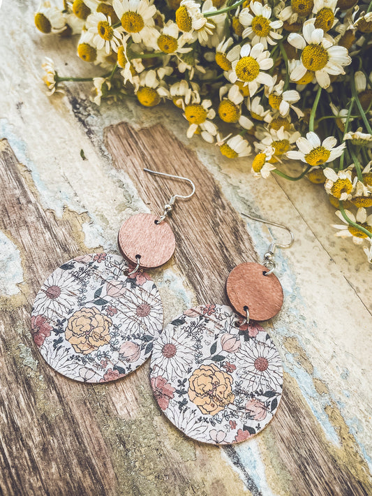 Beautiful Floral Wood and Cork Earrings