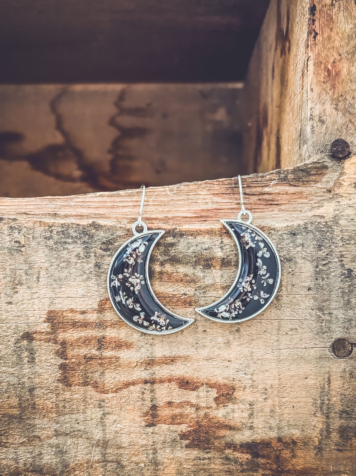 Midnight Moon Crescent Earrings with Pressed Flowers