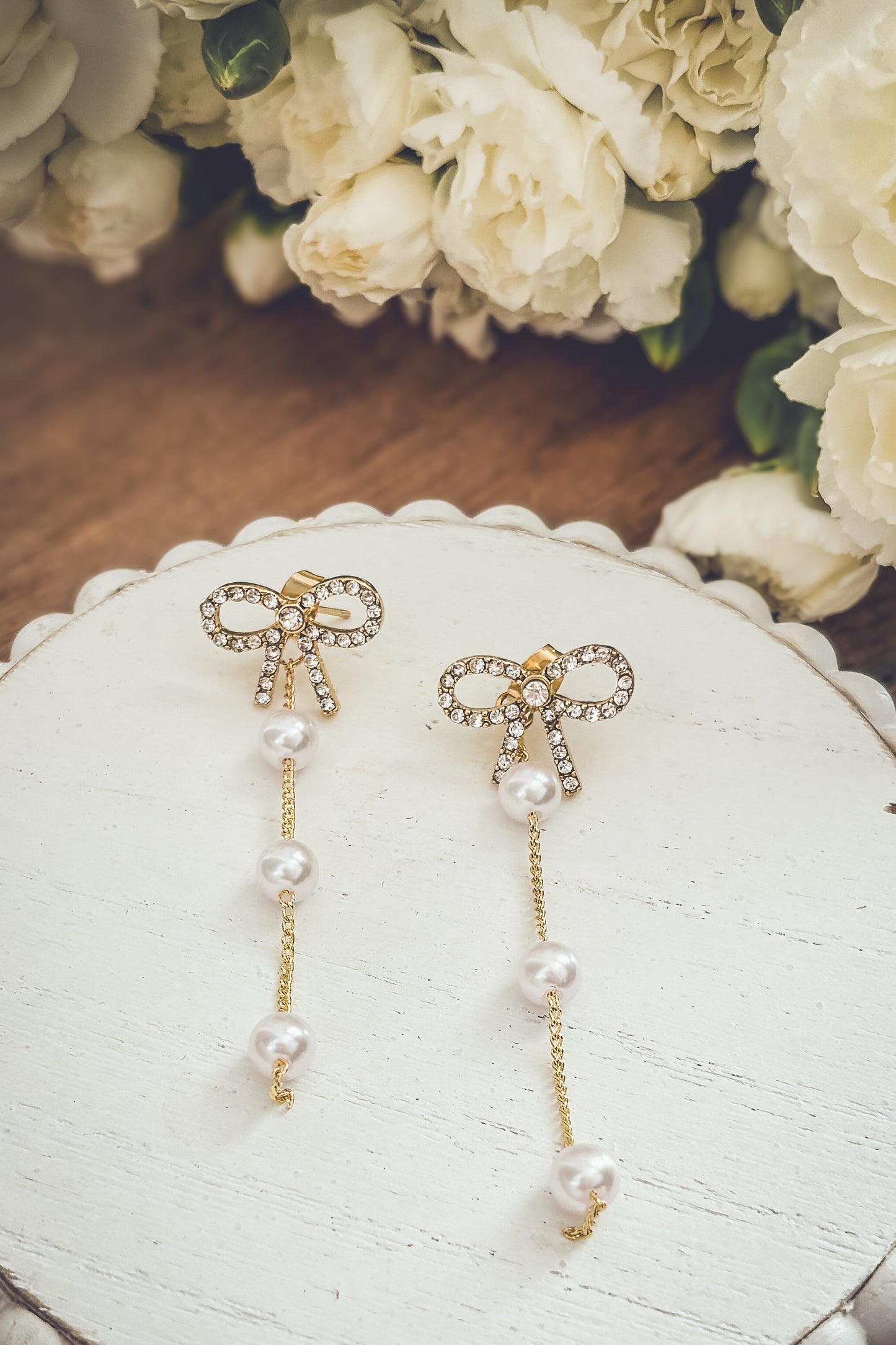 Beautiful Crystal Bow and Pearl Drop Earrings