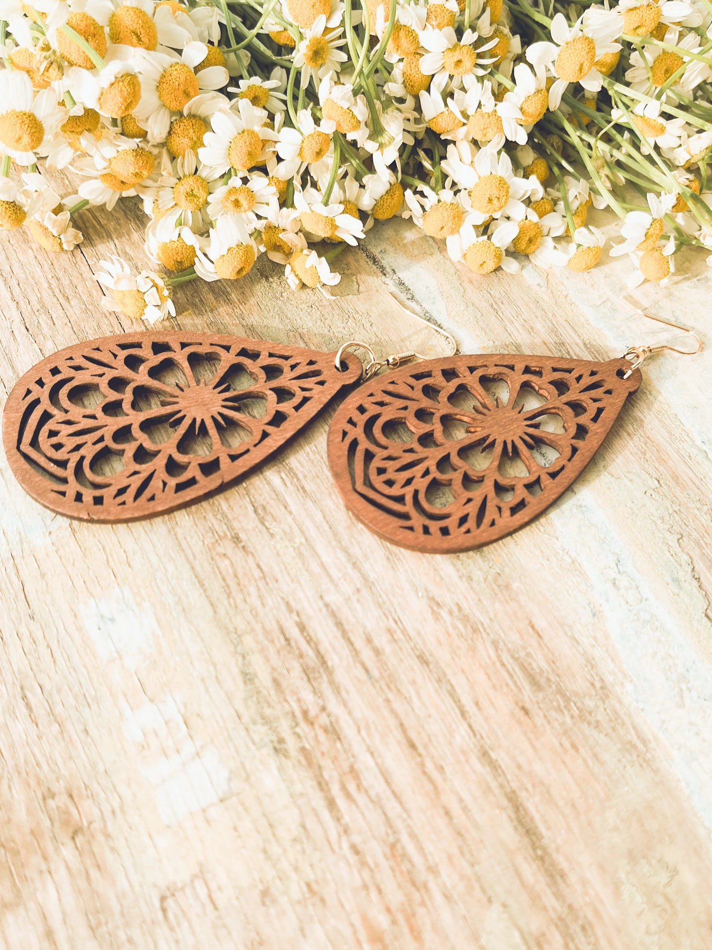 Beautiful Laser Cut Wood Floral Earrings