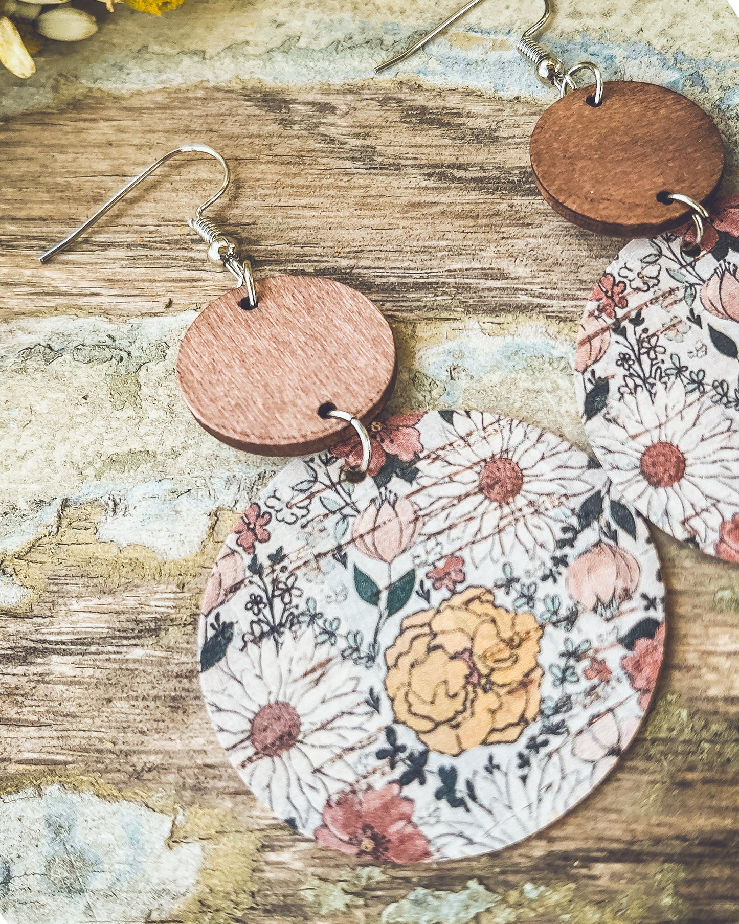 Beautiful Floral Wood and Cork Earrings