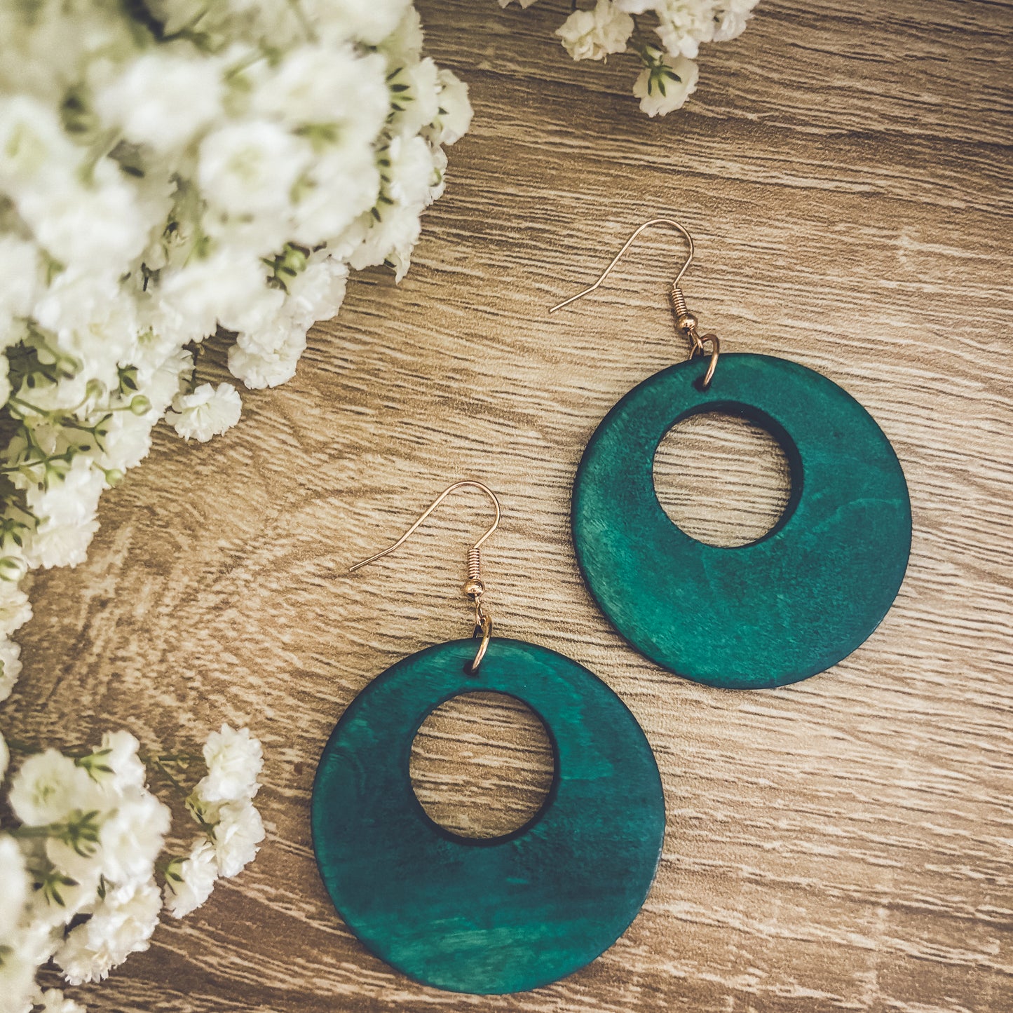 Beautiful Turquoise Wood Circle Earrings