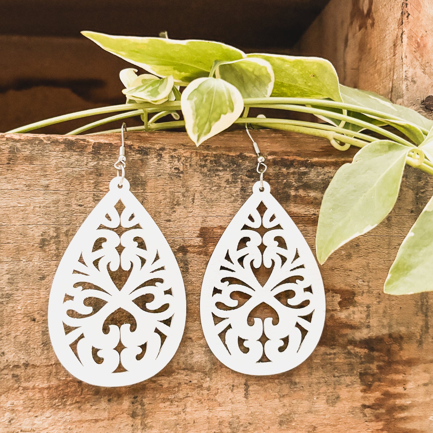 Beautiful White Wood Laser Cut Drop Earrings