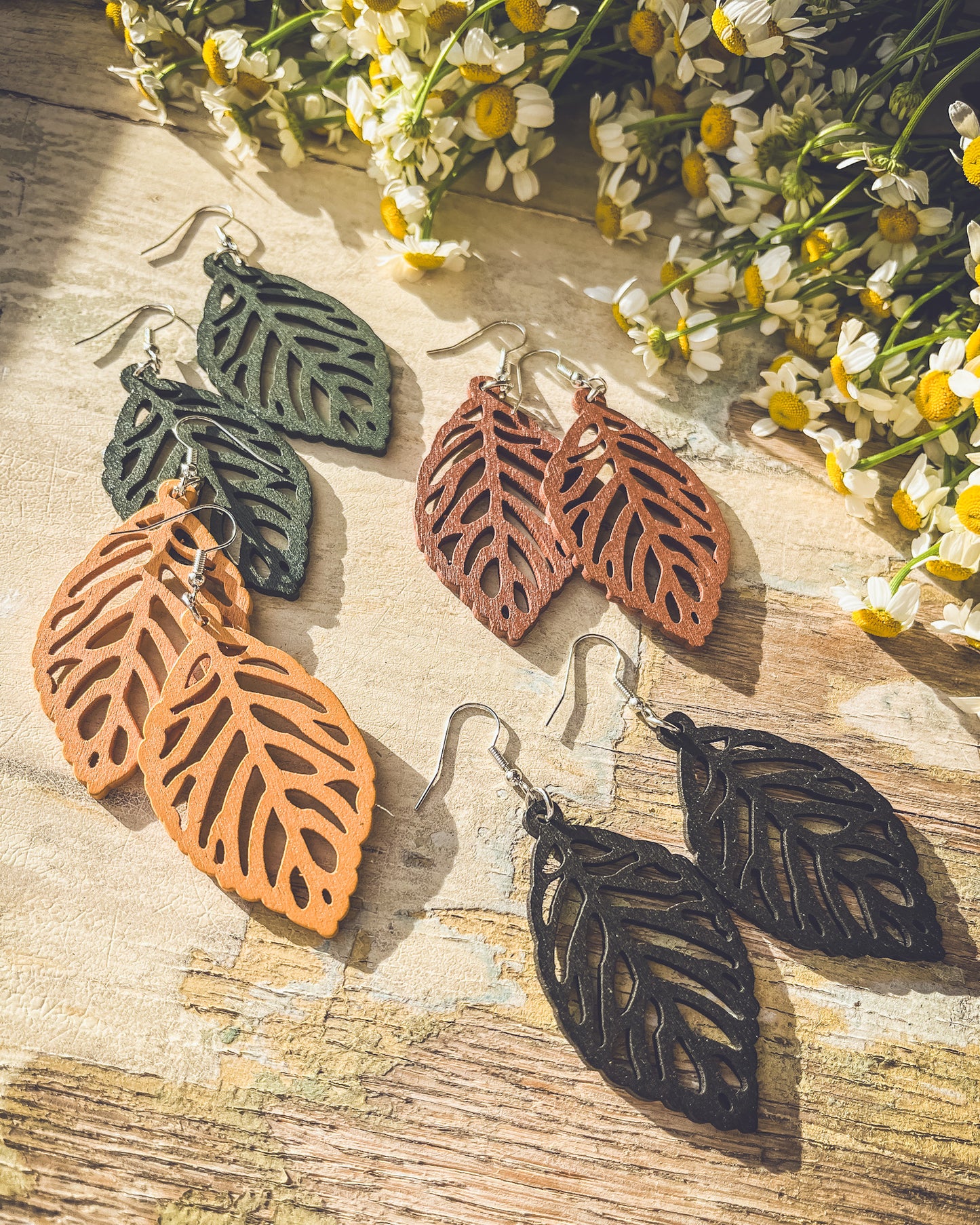 Set of Four Beautiful Wood Leaf Earrings
